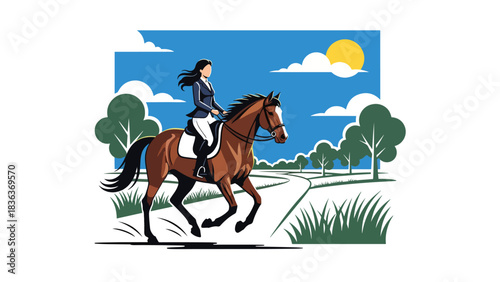 Flat vector illustration of a woman riding horse on a summer trail with grass, sunshine, and trees. Ideal for sports lifestyle, adventure, and outdoor recreation themes