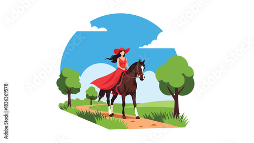 Flat vector illustration of a woman riding horse on a summer trail with grass, sunshine, and trees. Ideal for sports lifestyle, adventure, and outdoor recreation themes