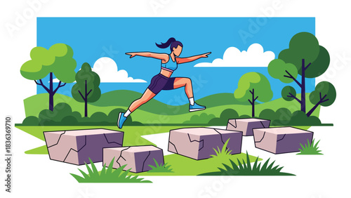 Flat modern illustration of a woman doing parkour jumps outdoors in summer urban park. Ideal for athletic movement, training, and extreme sports lifestyle visuals