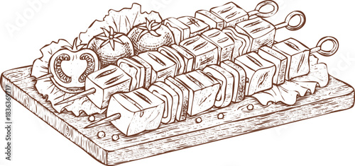 Engraving art drawing of tasty grilled meat or tofu skewers, shashlik, with fresh vegetables on a rustic wooden board. isolated on transparent background
