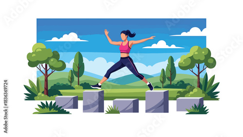 Flat modern illustration of a woman doing parkour jumps outdoors in summer urban park. Ideal for athletic movement, training, and extreme sports lifestyle visuals