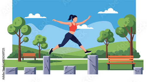 Flat modern illustration of a woman doing parkour jumps outdoors in summer urban park. Ideal for athletic movement, training, and extreme sports lifestyle visuals