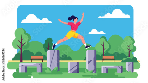 Flat modern illustration of a woman doing parkour jumps outdoors in summer urban park. Ideal for athletic movement, training, and extreme sports lifestyle visuals