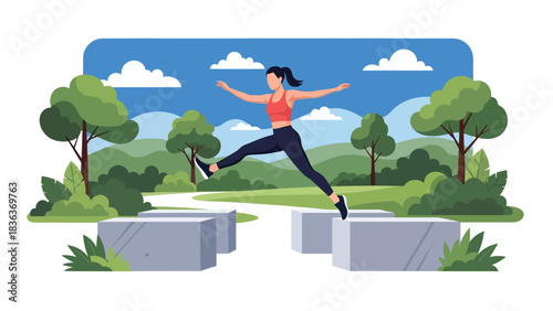 Flat modern illustration of a woman doing parkour jumps outdoors in summer urban park. Ideal for athletic movement, training, and extreme sports lifestyle visuals