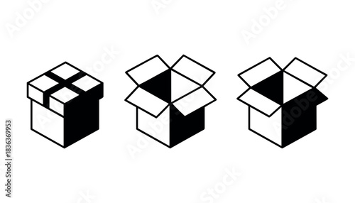 Three isometric black and white line art icons of gift boxes one closed and two open present package