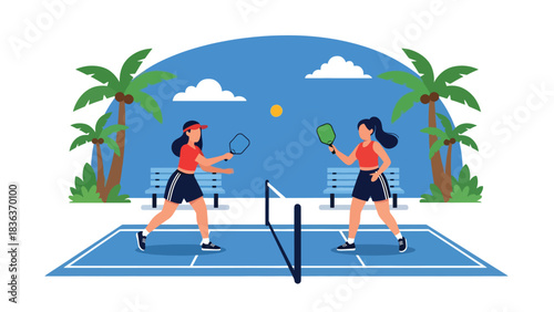 Flat modern vector illustration of a woman playing pickleball outdoors on a sunny summer court. Perfect for hobby sports, recreation, and fun fitness lifestyle content