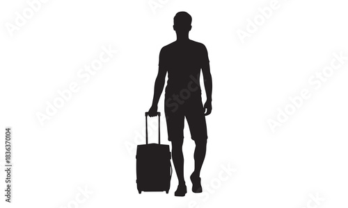 A man walking with a rolling suitcase depicted in a stark black silhouette on a white background silhouette