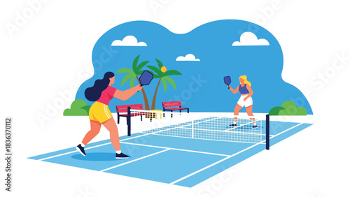 Flat modern vector illustration of a woman playing pickleball outdoors on a sunny summer court. Perfect for hobby sports, recreation, and fun fitness lifestyle content