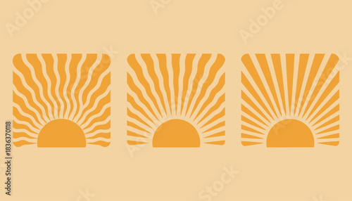 Three stylized sunbursts in orange and beige flat graphic design sunrise sunset