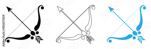 Archer Bow Icon for Sports and Archery Designs,Archery bow with arrow icon set in black, white, and blue,Bow arrow icon Graphic vector set for ui design
