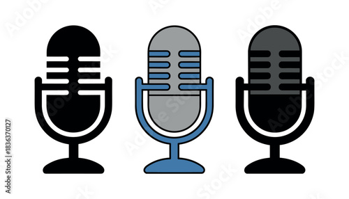 Three retro style microphones in black blue and grey on a white background vintage audio