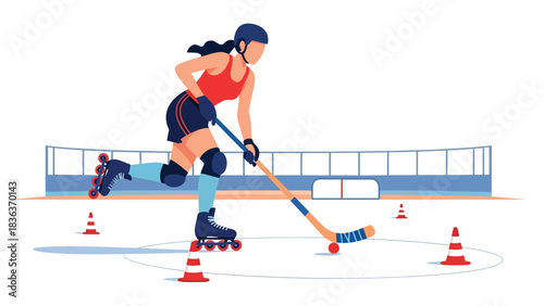 Flat vector illustration of a woman playing roller hockey outdoors in sunny summer environment. Ideal for dynamic sports lifestyle and fun outdoor recreation visuals