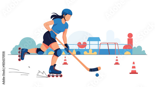 Flat vector illustration of a woman playing roller hockey outdoors in sunny summer environment. Ideal for dynamic sports lifestyle and fun outdoor recreation visuals