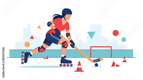 Flat vector illustration of a woman playing roller hockey outdoors in sunny summer environment. Ideal for dynamic sports lifestyle and fun outdoor recreation visuals