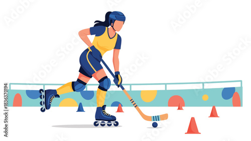 Flat vector illustration of a woman playing roller hockey outdoors in sunny summer environment. Ideal for dynamic sports lifestyle and fun outdoor recreation visuals