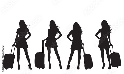 Four stylish female figures in silhouette with rolling suitcases ready for travel silhouette