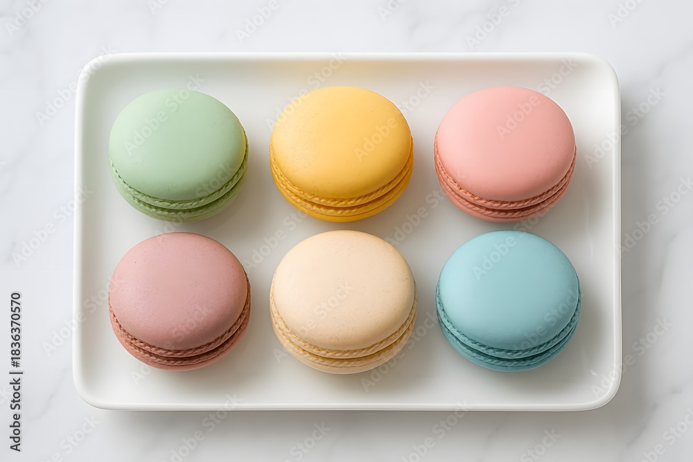 Obraz premium Pastel colored macarons on white rectangular plate