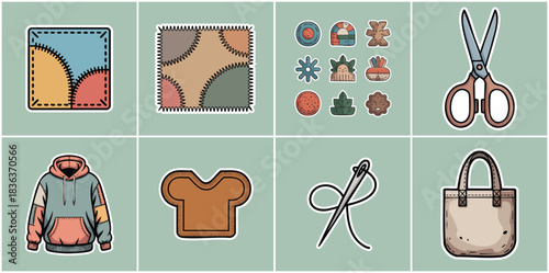 Creative DIY Thrift and Upcycle Fashion Icon Bundle with Sewing Needle Thread Scissors Patched Hoodie Organic Materials and Tote Bag for Green Branding Handmade Retail and Craft Promotion