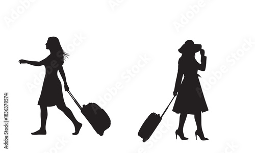 Two women in silhouette style walking with rolling luggage one pointing forward the other adjusting her hat silhouette