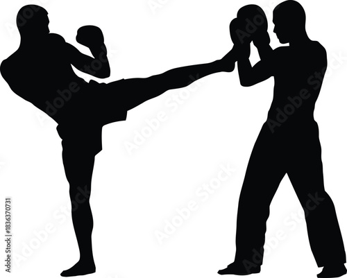 Silhouette of man kicking in boxing gloves against another man