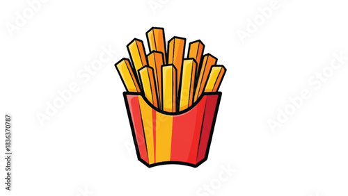 Crispy golden french fries in a red carton container.