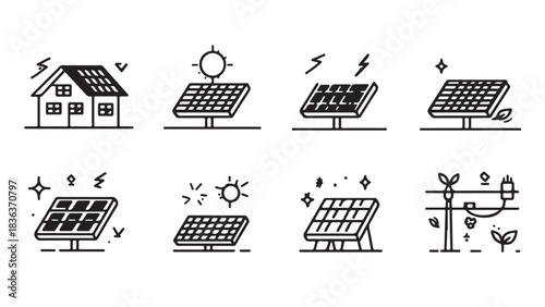 Minimalist Solar Energy Icon Set – Clean Line Style Renewable Power Illustrations