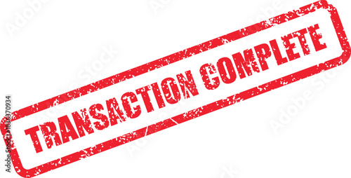 A red grunge stamp declares transaction complete on a white transparent background indicating successful completion
