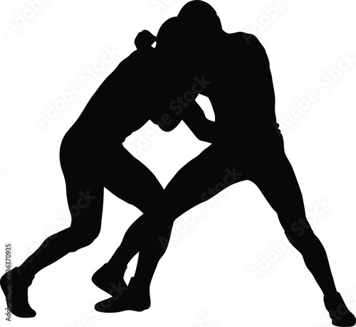 Two black silhouettes of wrestlers grappling on white background