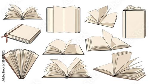 Set of illustrated vintage books and notebooks representing the concept of knowledge and storytelling