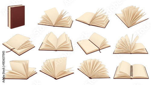 An illustrative array of books in various open and closed states, perfect for concepts of education, knowledge, and storytelling