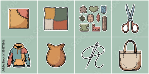 DIY Thrift and Upcycling Fashion Icon Set with Patched Hoodie Sewing Tools Scissors Organic Fabrics and Tote Bag for Sustainable Handmade Craft and Creative Apparel Illustrations