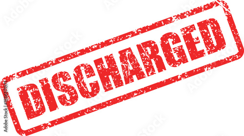 An angular red DISCHARGED rubber stamp with distressed texture implies official approval or release