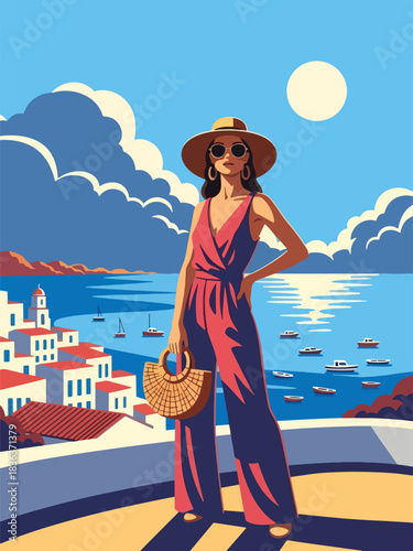 Flat style illustration of a fashionable woman in a summer jumpsuit walking in a coastal town with boats and blue sky. Perfect for travel blogs, fashion style, and summer vibes