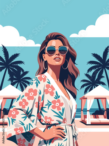 Flat modern portrait of a woman in a floral kimono and sunglasses at a beach resort. Ideal for summer beauty, fashion, travel lifestyle, and tropical vacation visuals