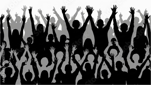 Energetic crowd silhouettes with hands raised, symbolizing collective enthusiasm and celebratory spirit