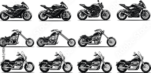 Black and White Motorcycle Styles Vector Graphics Collection, Featuring Choppers, Sport Bikes, and Cruisers, for Design and Illustration Projects, cad drawing flat vector illustration