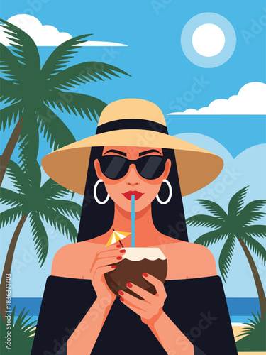 Flat vector summer portrait of a stylish woman in a sunhat drinking coconut water by the ocean. Ideal for travel lifestyle, beaches, wellness, and vacation marketing