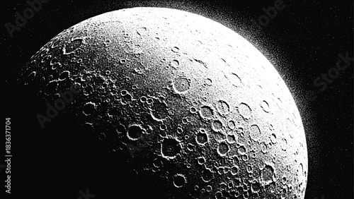 Detailed close up view of the moon surface with craters and texture black and white stipple dot vector illustration drawing space astronomy science galaxy
