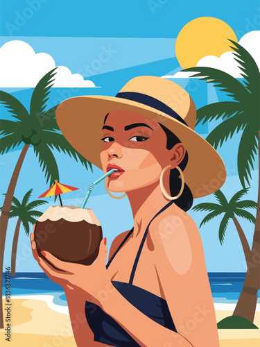 Flat vector summer portrait of a stylish woman in a sunhat drinking coconut water by the ocean. Ideal for travel lifestyle, beaches, wellness, and vacation marketing