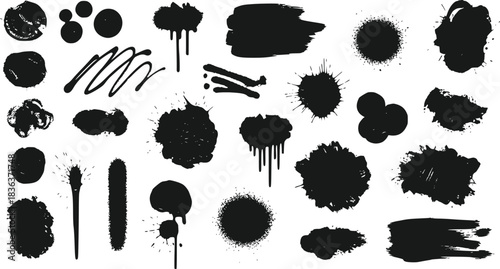 Collection of Black Ink Splatter, Drip, and Brush Stroke Grunge Design Elements Isolated on Transparent Background