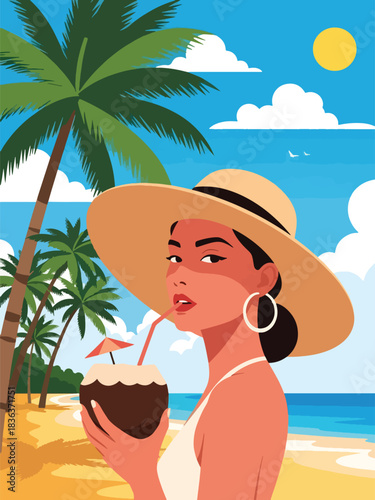 Flat vector summer portrait of a stylish woman in a sunhat drinking coconut water by the ocean. Ideal for travel lifestyle, beaches, wellness, and vacation marketing