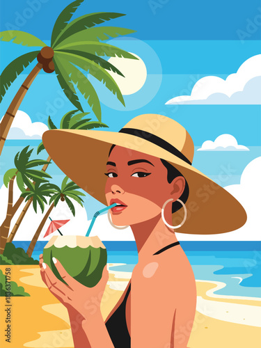 Flat vector summer portrait of a stylish woman in a sunhat drinking coconut water by the ocean. Ideal for travel lifestyle, beaches, wellness, and vacation marketing