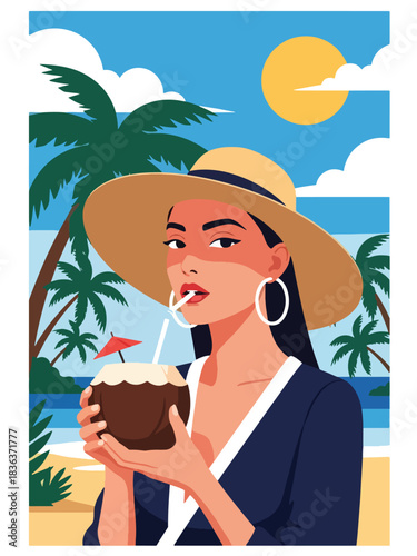 Flat vector summer portrait of a stylish woman in a sunhat drinking coconut water by the ocean. Ideal for travel lifestyle, beaches, wellness, and vacation marketing