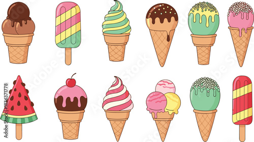 Ice cream vector, colorful treats, summer dessert, popsicle illustration, cone design, sweet food art, flat vector illustration