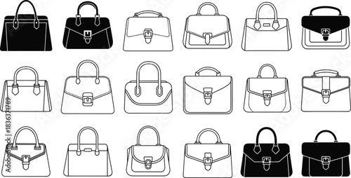 Set of fifteen different women's handbags purses shopping bags black and white line art and silhouette vector illustration drawing fashion accessory graphic
