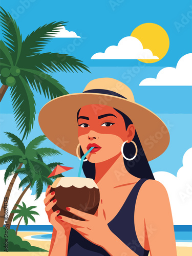 Flat vector summer portrait of a stylish woman in a sunhat drinking coconut water by the ocean. Ideal for travel lifestyle, beaches, wellness, and vacation marketing