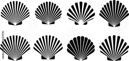 Set of eight different scallop sea shells silhouette black icon collection vector illustration drawing marine element ocean summer aquatic natural shape
