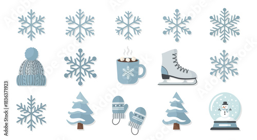 A charming collection of blue and white winter icons featuring snowflakes, a cozy hat, hot chocolate, and an ice skate for seasonal holiday designs