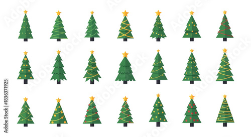 Collection of Stylized Christmas Tree Illustrations for Festive Holiday Designs and Decorations