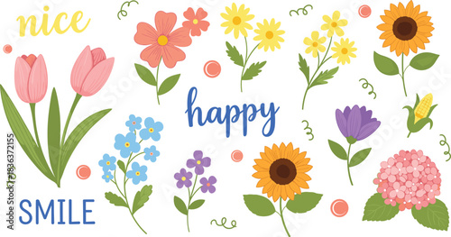 Botanical stem illustration, floral elements, leaf and flower design, nature study, plant morphology, elegant sketch, flat vector illustration